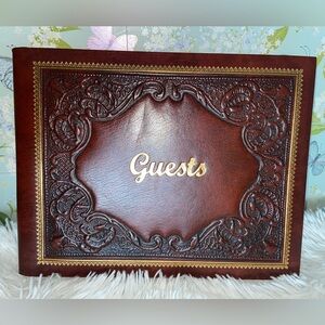 Elegant Brown Leather Guest Book with Gold Accents